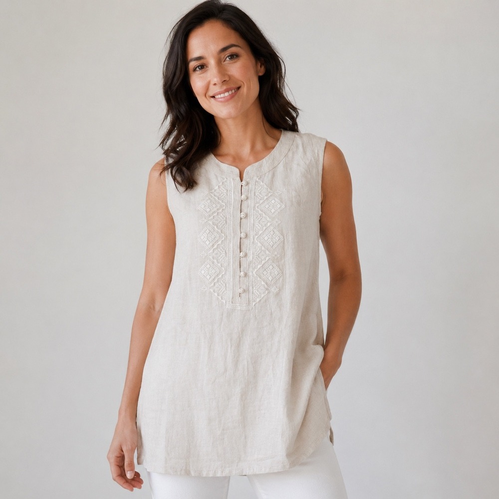 Antibes Blanc Tunic Women Large Beige 100% Linen Embroidered Sleeveless Top Boho